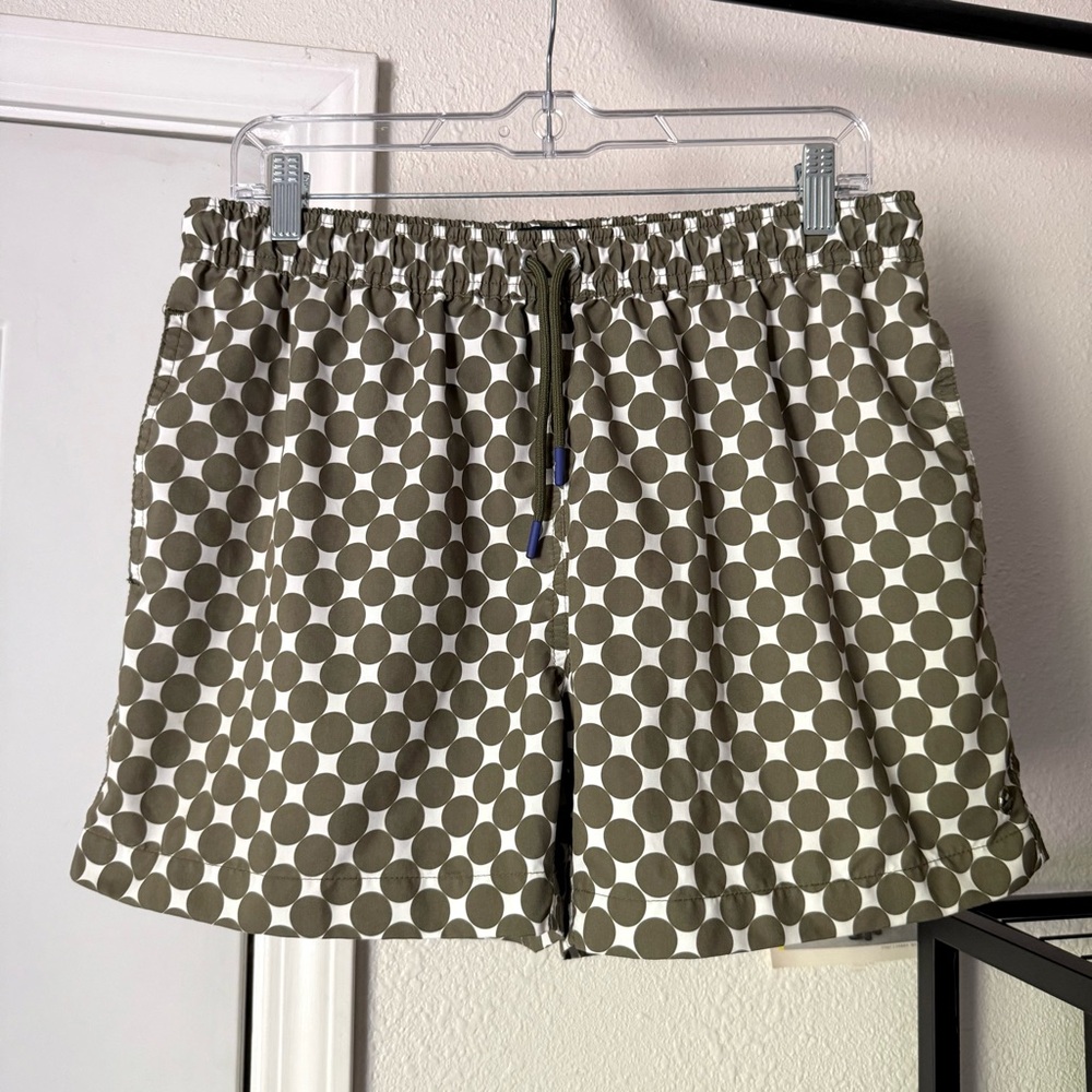 SUNNY PATOCHE olive white polka dot elastic waist beach swim‎ trunks shorts